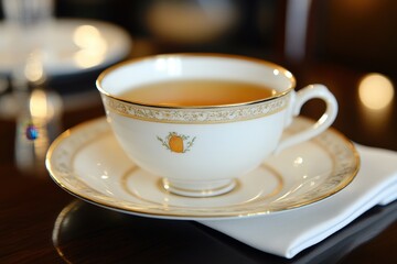 Fototapeta premium Elegant Porcelain Teacup and Saucer on White Napkin