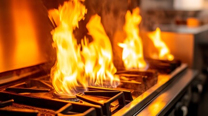 Flames erupt from gas burners in a modern kitchen, highlighting cooking intensity and culinary creativity