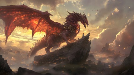 Fiery Dragon Perched Upon Volcanic Peak Over Burning Cityscape