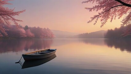 Lonely boat on peaceful lake during pink morning