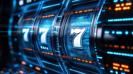 Fototapeta premium digital 3D slot machine featuring holographic elements and vibrant graphics. design showcases spinning reels with number seven prominently displayed, creating exciting gaming atmosphere