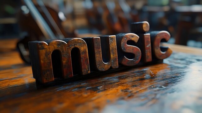 The word music is written in a large font on a wooden table
