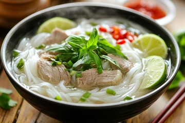 Fresh Vietnamese Pho in a Bowl with Toppings