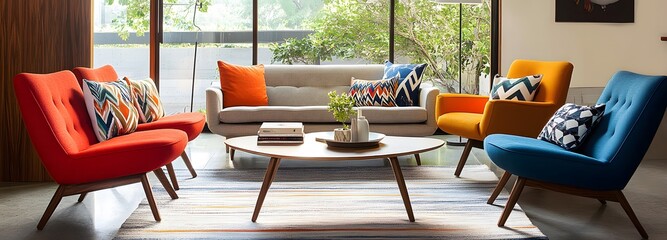 A mid-century modern living room with a geometric coffee table, colorful armchairs, and bold-patterned throw pillows