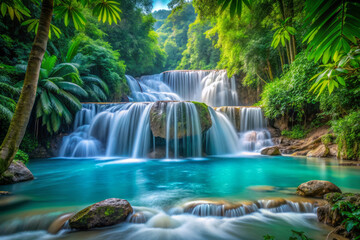 Stunning tropical waterfall with vibrant blue water and lush greenery