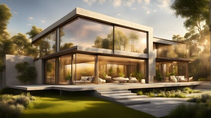 Modern house with large glass windows surrounded by greenery and a landscaped garden.