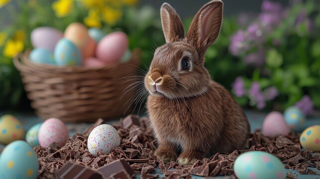 Charming Easter Bunny Surrounded by Colorful Eggs and Flowers