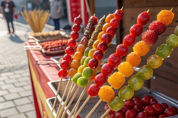 Colorful fruit skewers on display at a street market, showcasing a variety of fresh fruits artfully arranged on sticks.