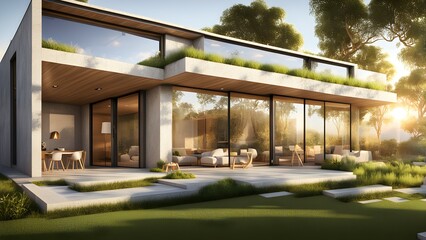 Modern house with large windows, surrounded by greenery and a serene outdoor space.