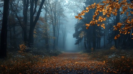 Obraz premium A Path Through a Misty, Autumnal Forest