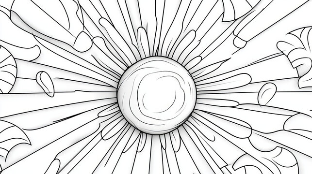 charming coloring book illustration featuring sun surrounded by abstract rays and shapes, inviting creativity and relaxation. Perfect for art enthusiasts and stress relief