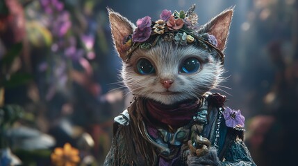 Anthropomorphic Cat Wearing Flower Crown and Outfit