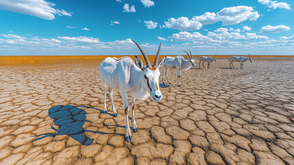 A group of white antelopes roams across parched, cracked desert terrain under a bright blue sky, illustrating survival in arid conditions.