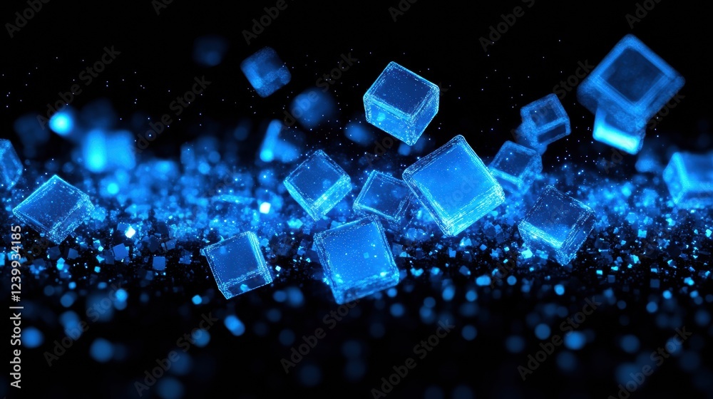 Poster glowing blue digital cubes floating on black background with particles