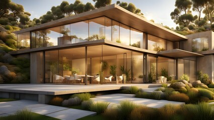 Fototapeta premium Modern glass house surrounded by greenery, showcasing elegant architecture and design.
