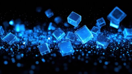 Glowing blue digital cubes floating on black background with particles