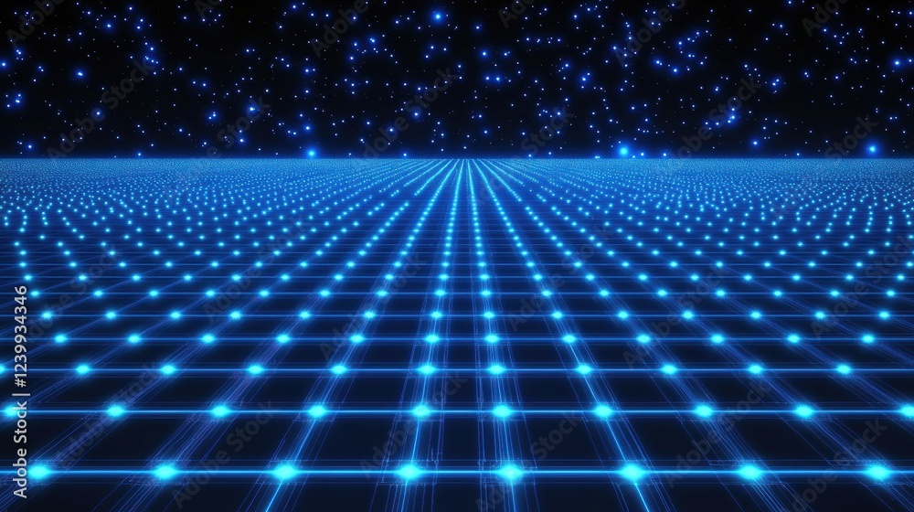 Poster Glowing digital grid extending into space with pixelated stars