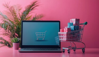 Laptop with shopping cart icon, mini cart with gifts, pink backdrop, plant