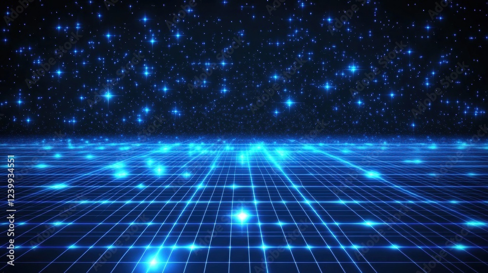 Poster Blue glowing digital grid and stars background representing digital network and data connection