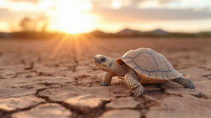 Obraz premium A turtle slowly moves across dry, cracked ground as the golden hues of sunset create a dramatic contrast with the parched earth.