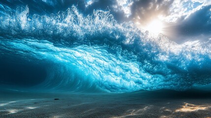 A Stunning Underwater View of a Powerful Ocean Wave with Sun Rays