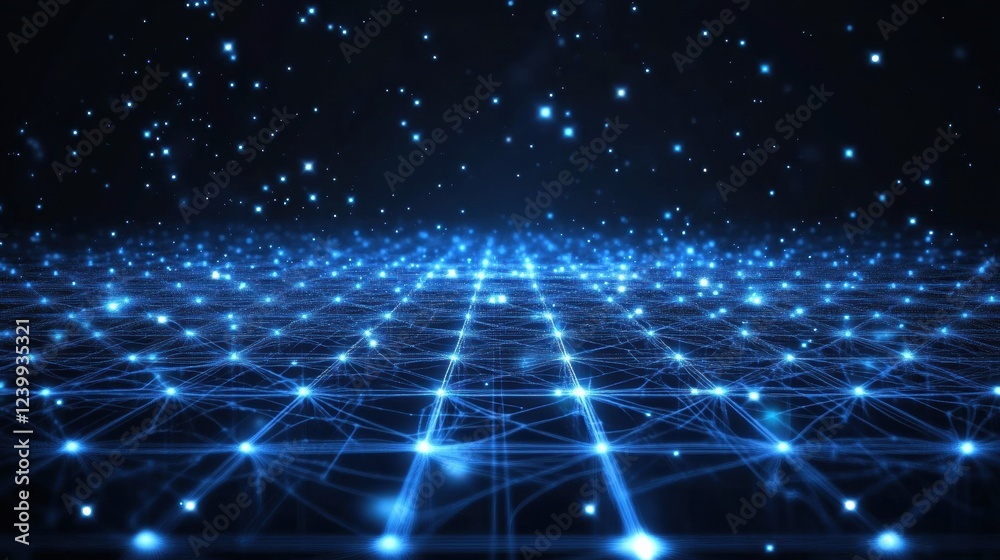 Poster digital grid forming a network with glowing blue stars on dark background