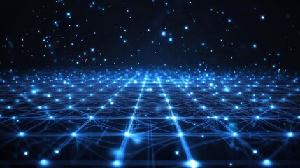 Fototapeta premium Digital grid forming a network with glowing blue stars on dark background
