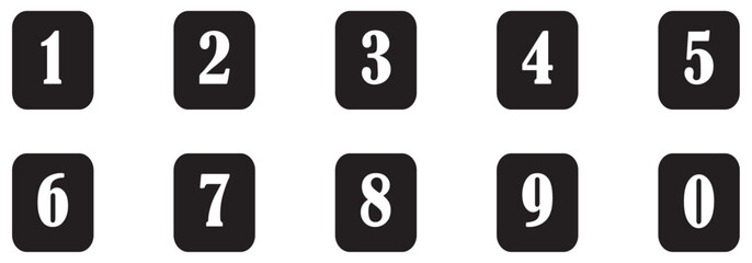 Number 0 to 9 set. 0 to 9 number symbol vector. .Black square number icons set from 0 to 9 with bold white numerals, isolated on white background, digital numeric symbols for design and typography.