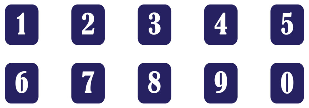 Blue square number icons set from 0 to 9 in bold white font, numeric symbols design for infographic, ranking, labels, and organization. Bullet points numbers from one to nine vector illustration.