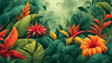 A vibrant jungle scene filled with lush green leaves and colorful tropical flowers.
