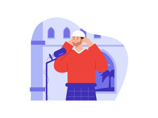 Muslim man during the call to prayer  Illustration. Fasting ramadan illustration. Flat vector illustration concept.