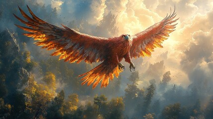 Majestic eagle soaring over misty forest at sunrise