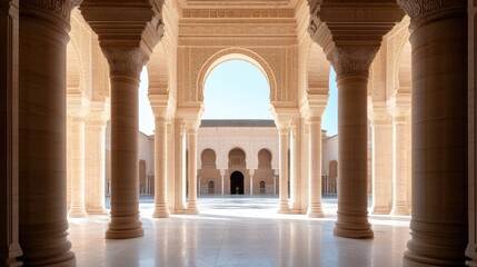 Obraz premium Moroccan mosque courtyard, sunlit arches, peaceful architecture, travel photo