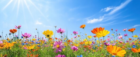 Vibrant Wildflower Meadow Under Clear Blue Sky in Impressionist Style