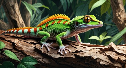 Obraz premium Portrait Malagasy leaf tailed gecko on camouflaged bark background illustration