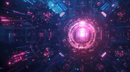 Obraz premium Futuristic cyberpunk tunnel with glowing neon lights.