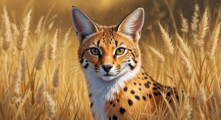 Obraz premium Portrait serval on golden grassland background illustration