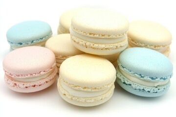Obraz premium Pastel Macarons Delight: A Collection of Delicate French Macarons in Soft Pink, Blue, and Cream Colors.