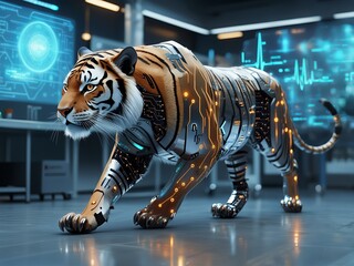 Cybernetic Bengal Tiger with Advanced AI Technology in a Futuristic Lab
