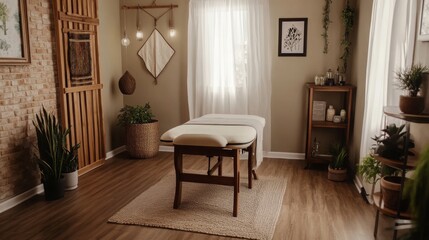 Empty massage room with soft lighting and minimalist decor. Tranquility and relaxation in a serene environment, inviting moments of peace and self-care.