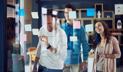 Happy, business people or brainstorming with team for schedule planning, project or meeting on...