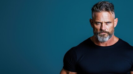 Obraz premium Mature man, serious expression, teal background, studio portrait, advertising