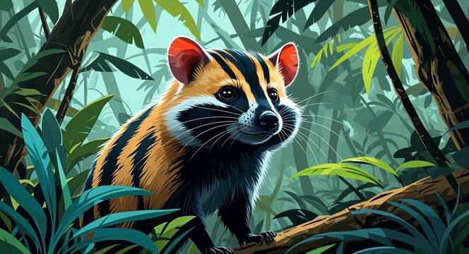 Portrait striped tenrec on jungle undergrowth background illustration