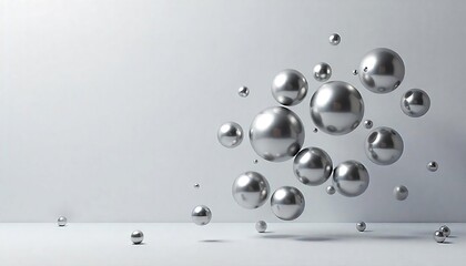 Floating Silver Spheres: Abstract composition of gleaming silver spheres of various sizes suspended in a seemingly weightless arrangement. Reflective surfaces.