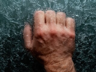 Hand reaching through cracked ice