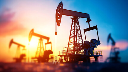Naklejka premium Oil drilling rig silhouettes against colorful sunset sky, showcasing industrial machinery and energy production