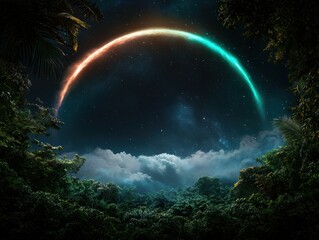 Mystical night scene with glowing arc over lush jungle