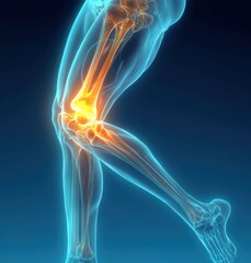 Knee Joint Pain in Motion 3D Anatomy Illustration of Human Leg with Glowing Joint and Muscles