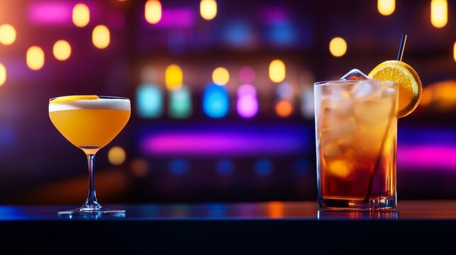 Vibrant cocktail bar scene featuring a stylish orange drink and a refreshing iced beverage with citrus