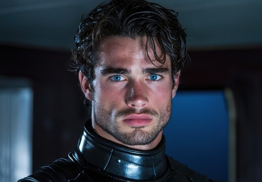 Close-up portrait of a handsome man with intense blue eyes
